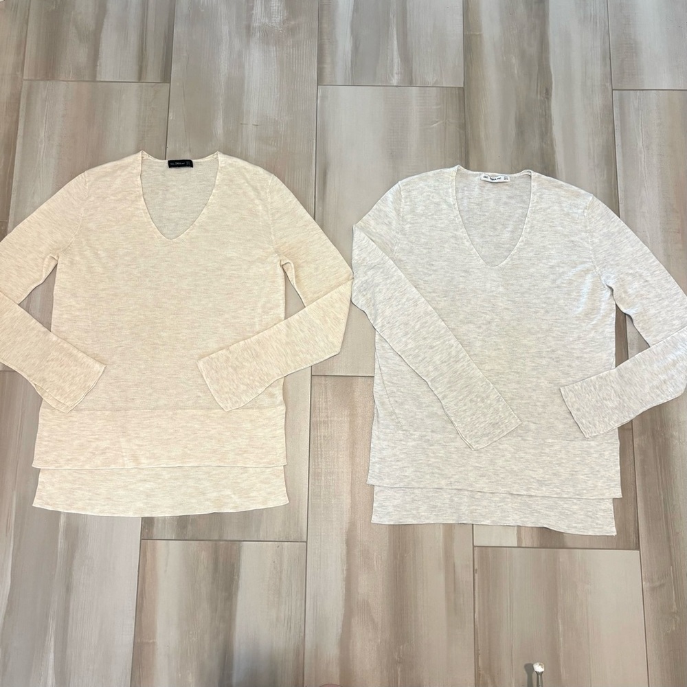 Zara Women’s V-Neck Tunic Sweater Bundle - Cream and Gray Size M